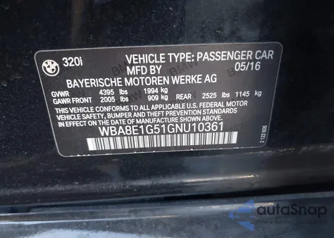 2016 BMW 320I from USA, damaged, VIN WBA8E1G51GNU10361